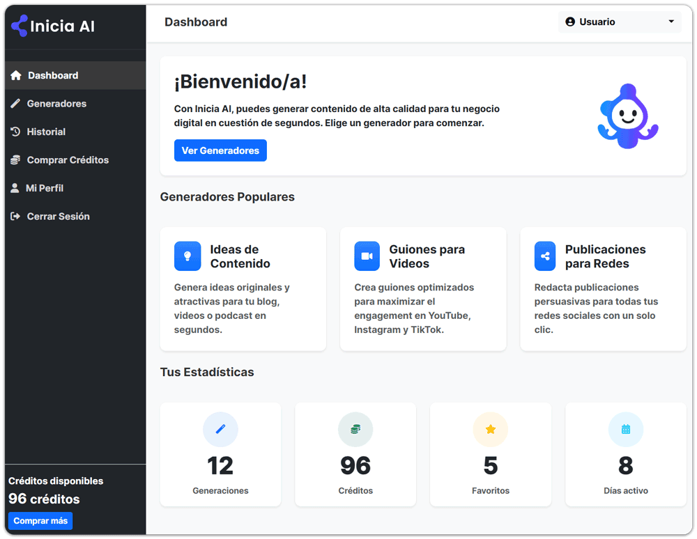 Dashboard de Inicia AI mostrando herramientas de generación de contenido